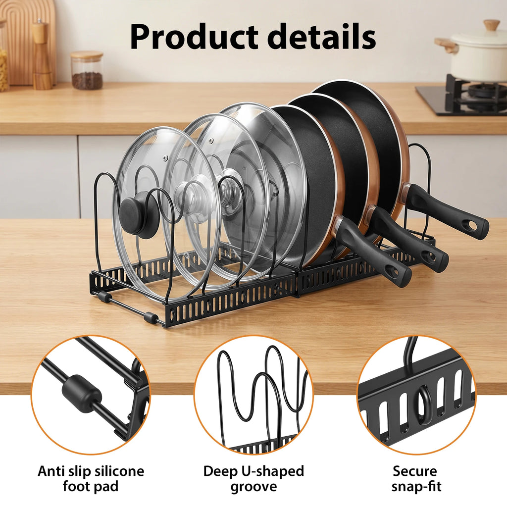 Expandable Pans Organiser Rack, Pan Lid Storage with 10 Adjustable Dividers, Pot Lid Holder, Kitchen Cupboard Organiser
