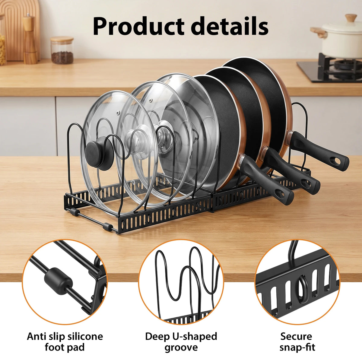 Expandable Pans Organiser Rack, Pan Lid Storage with 10 Adjustable Dividers, Pot Lid Holder, Kitchen Cupboard Organiser