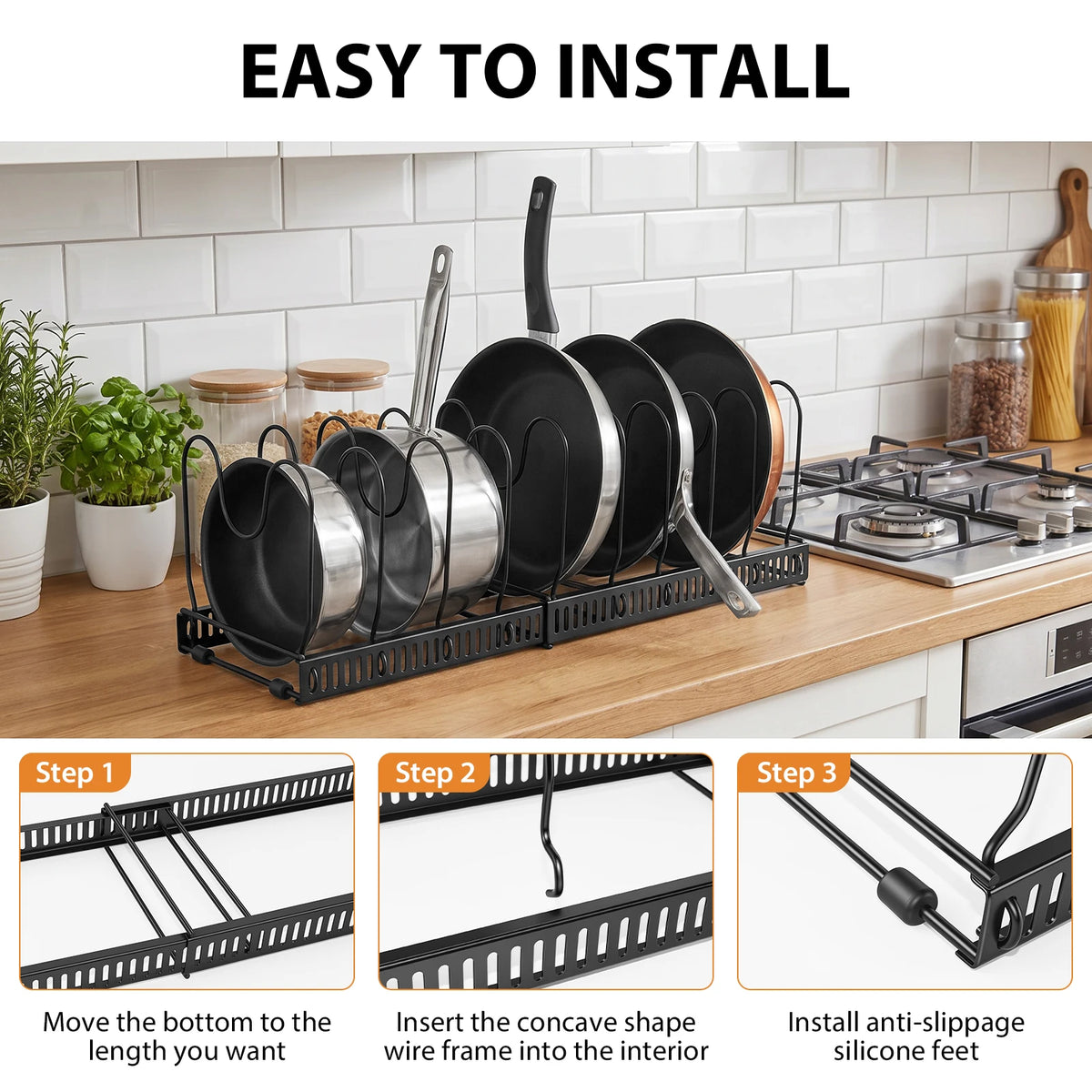 Expandable Pans Organiser Rack, Pan Lid Storage with 10 Adjustable Dividers, Pot Lid Holder, Kitchen Cupboard Organiser