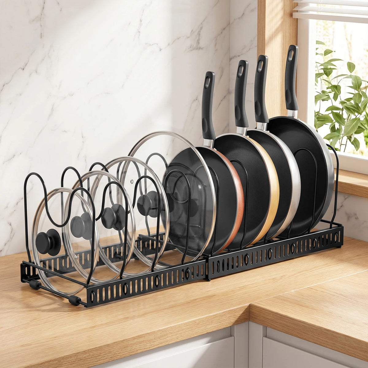 Expandable Pans Organiser Rack, Pan Lid Storage with 10 Adjustable Dividers, Pot Lid Holder, Kitchen Cupboard Organiser