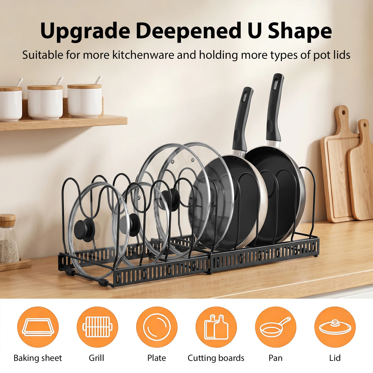Expandable Pans Organiser Rack, Pan Lid Storage with 10 Adjustable Dividers, Pot Lid Holder, Kitchen Cupboard Organiser