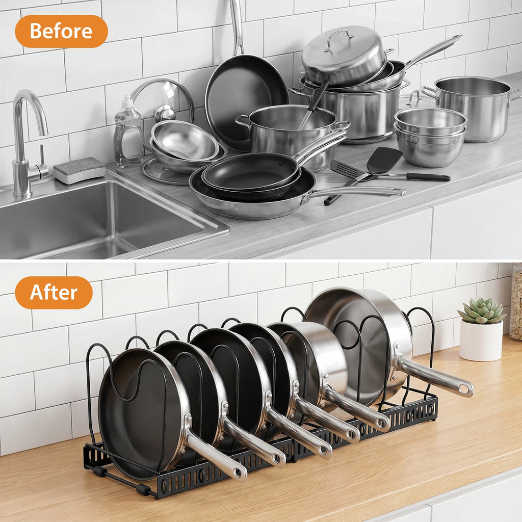 Expandable Pans Organiser Rack, Pan Lid Storage with 10 Adjustable Dividers, Pot Lid Holder, Kitchen Cupboard Organiser