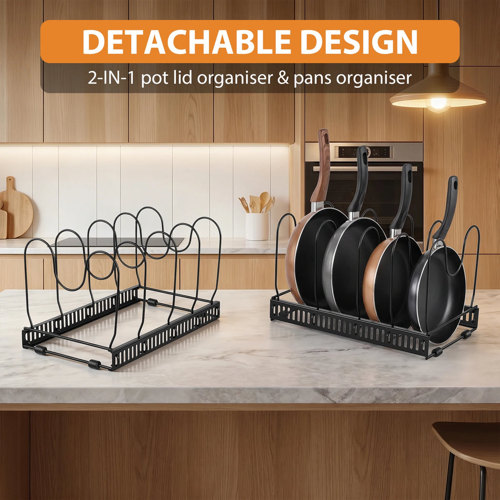Expandable Pans Organiser Rack, Pan Lid Storage with 10 Adjustable Dividers, Pot Lid Holder, Kitchen Cupboard Organiser