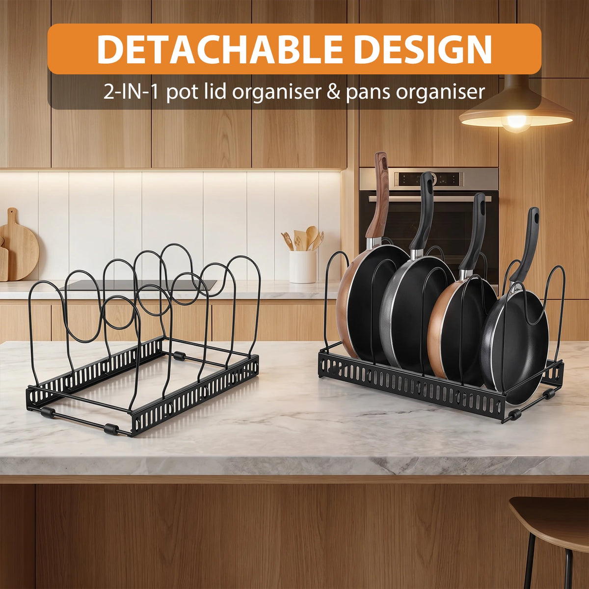 Expandable Pans Organiser Rack, Pan Lid Storage with 10 Adjustable Dividers, Pot Lid Holder, Kitchen Cupboard Organiser