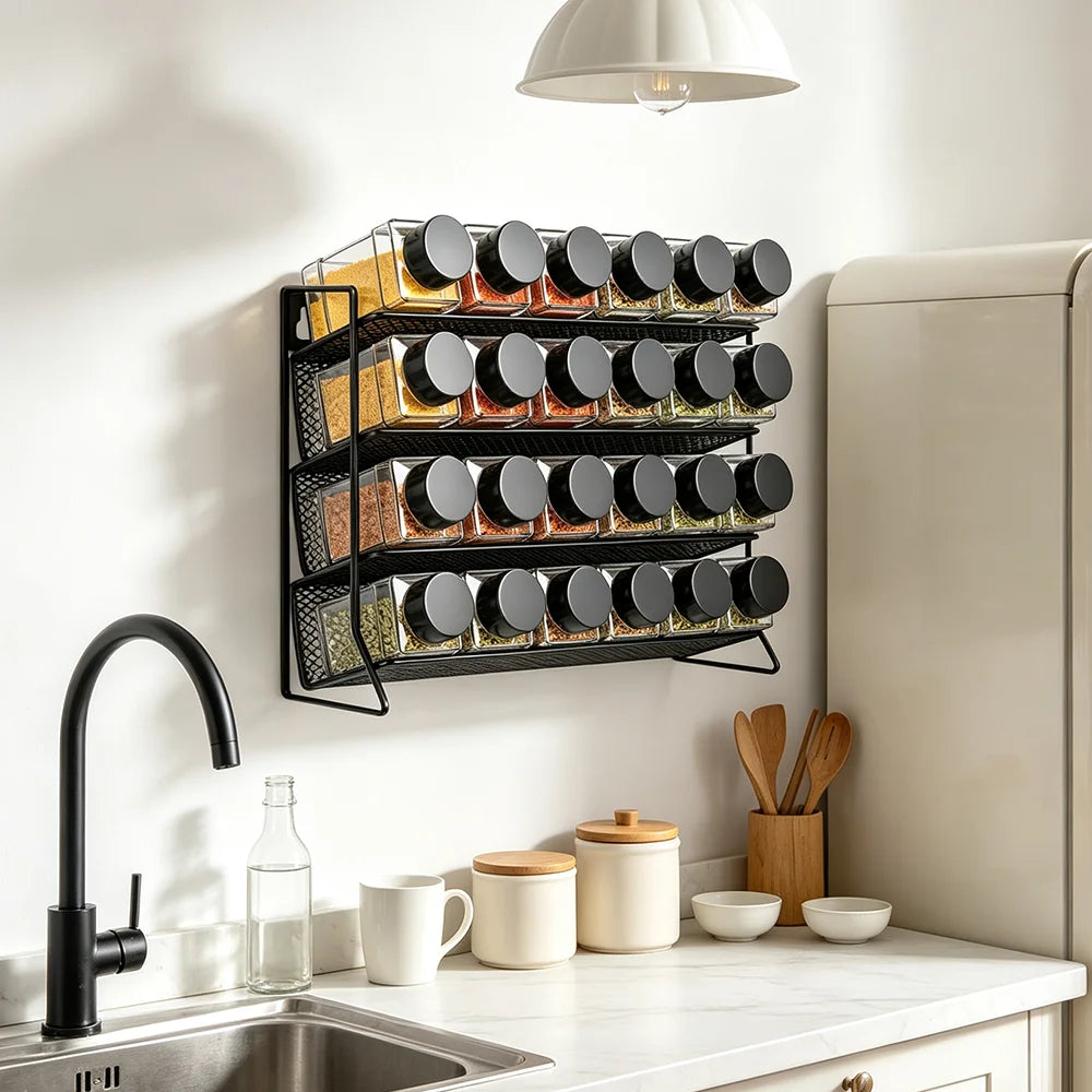 4 Tier Spice Storage Rack with 24pcs Seasoning Bottles, Countertop Stand Seasoning Organizer Spice Jars Storage Shelf for Kitchen