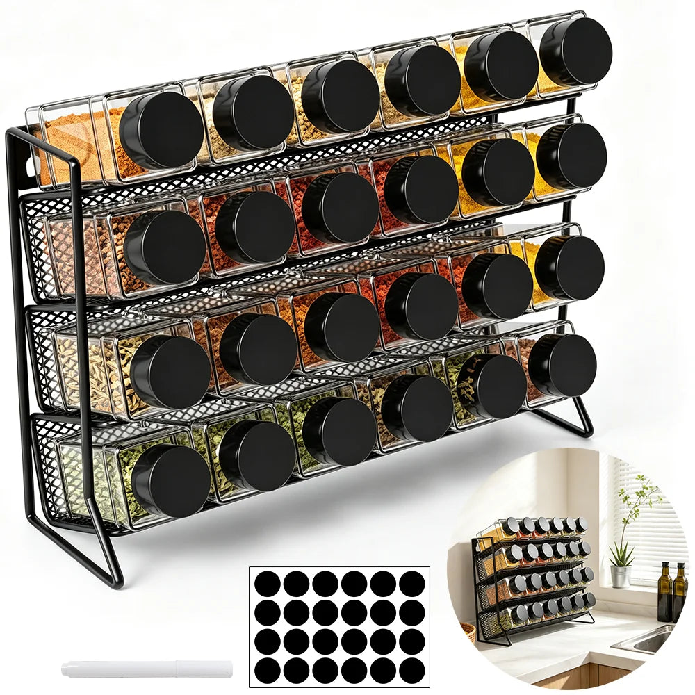 4 Tier Spice Storage Rack with 24pcs Seasoning Bottles, Countertop Stand Seasoning Organizer Spice Jars Storage Shelf for Kitchen