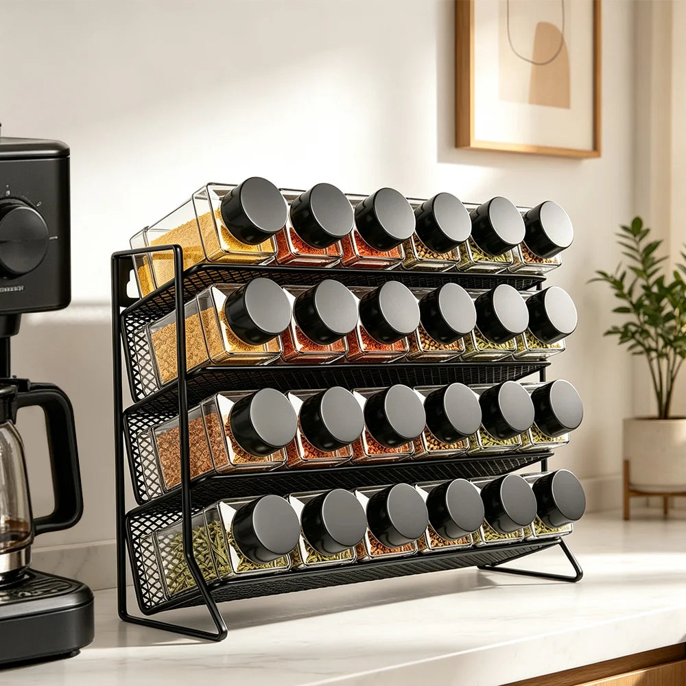 4 Tier Spice Storage Rack with 24pcs Seasoning Bottles, Countertop Stand Seasoning Organizer Spice Jars Storage Shelf for Kitchen