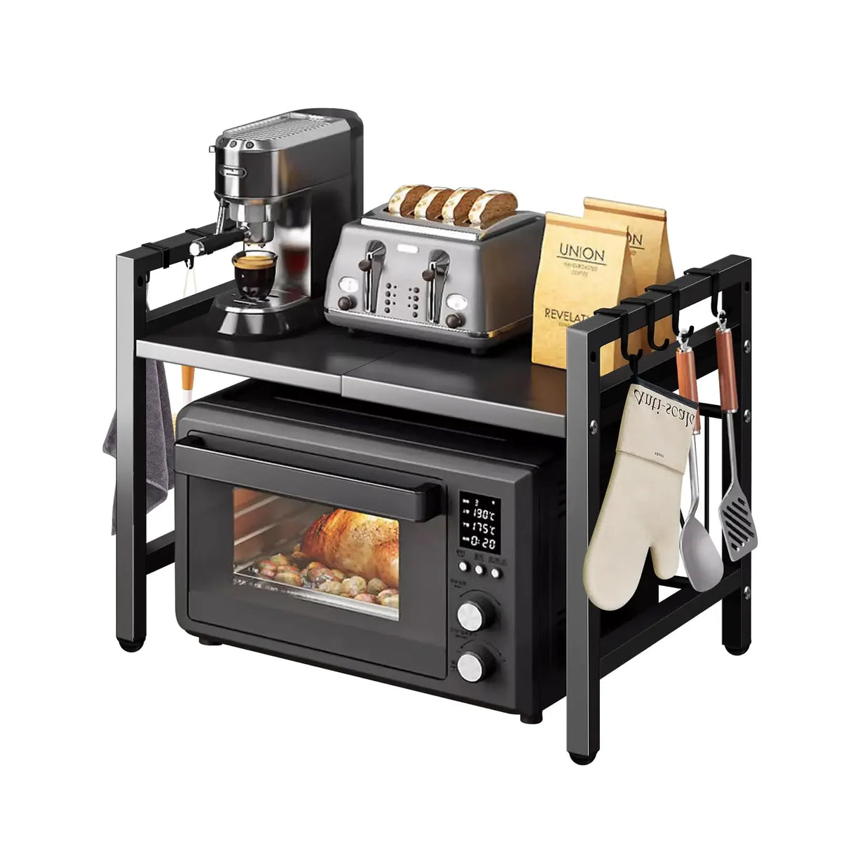 UK Stock Expandable Microwave Oven Rack Heavy‑Duty Carbon Steel Adjustable 40‑60cm Countertop Storage Shelf with Hooks Multifunctional Kitchen Organiser