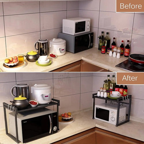 UK Stock Expandable Microwave Oven Rack Heavy‑Duty Carbon Steel Adjustable 40‑60cm Countertop Storage Shelf with Hooks Multifunctional Kitchen Organiser