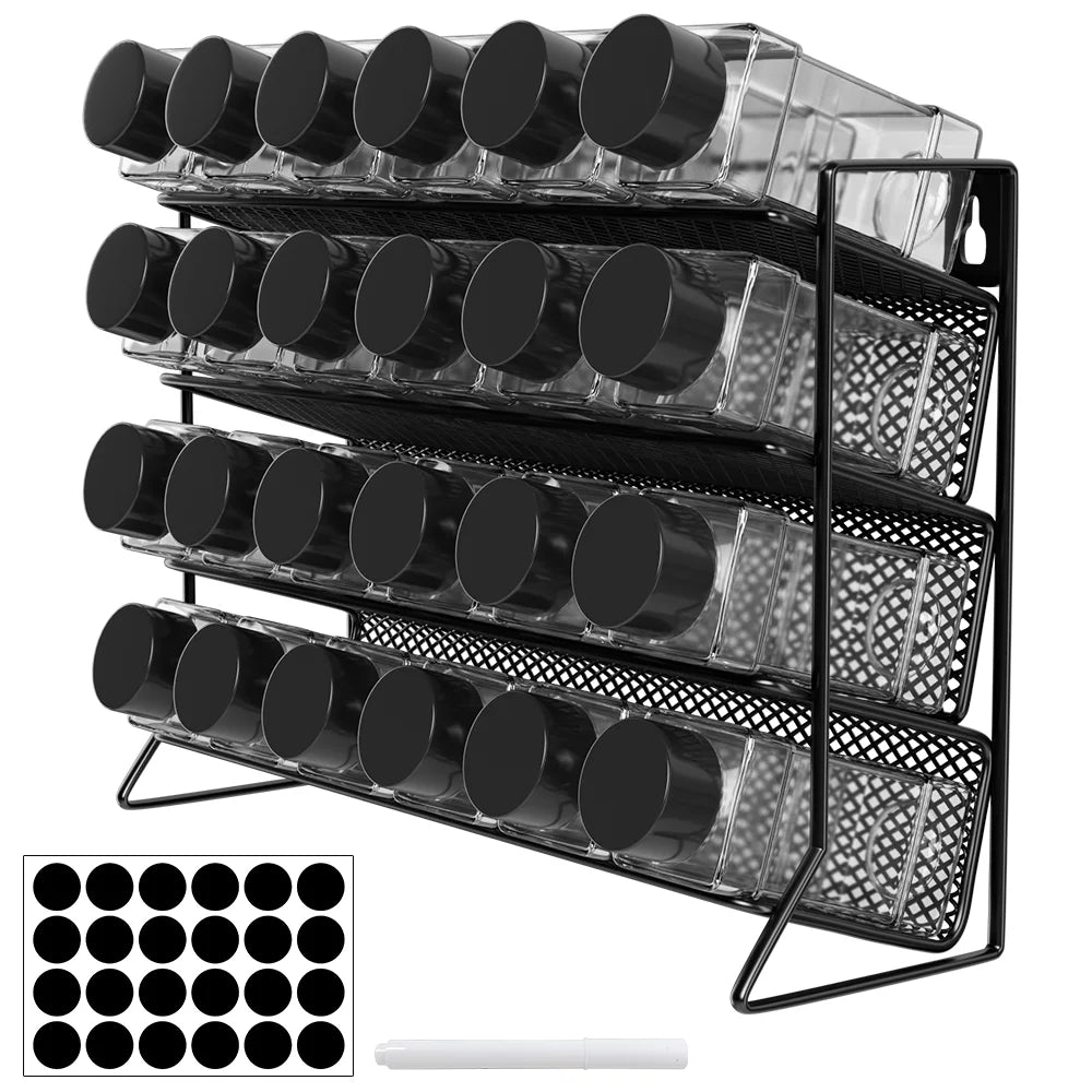 4 Tier Spice Storage Rack with 24pcs Seasoning Bottles, Countertop Stand Seasoning Organizer Spice Jars Storage Shelf for Kitchen