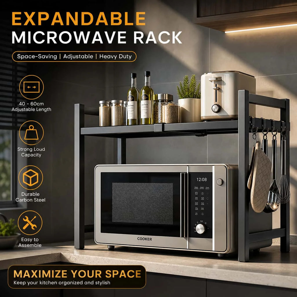 UK Stock Expandable Microwave Oven Rack Heavy‑Duty Carbon Steel Adjustable 40‑60cm Countertop Storage Shelf with Hooks Multifunctional Kitchen Organiser