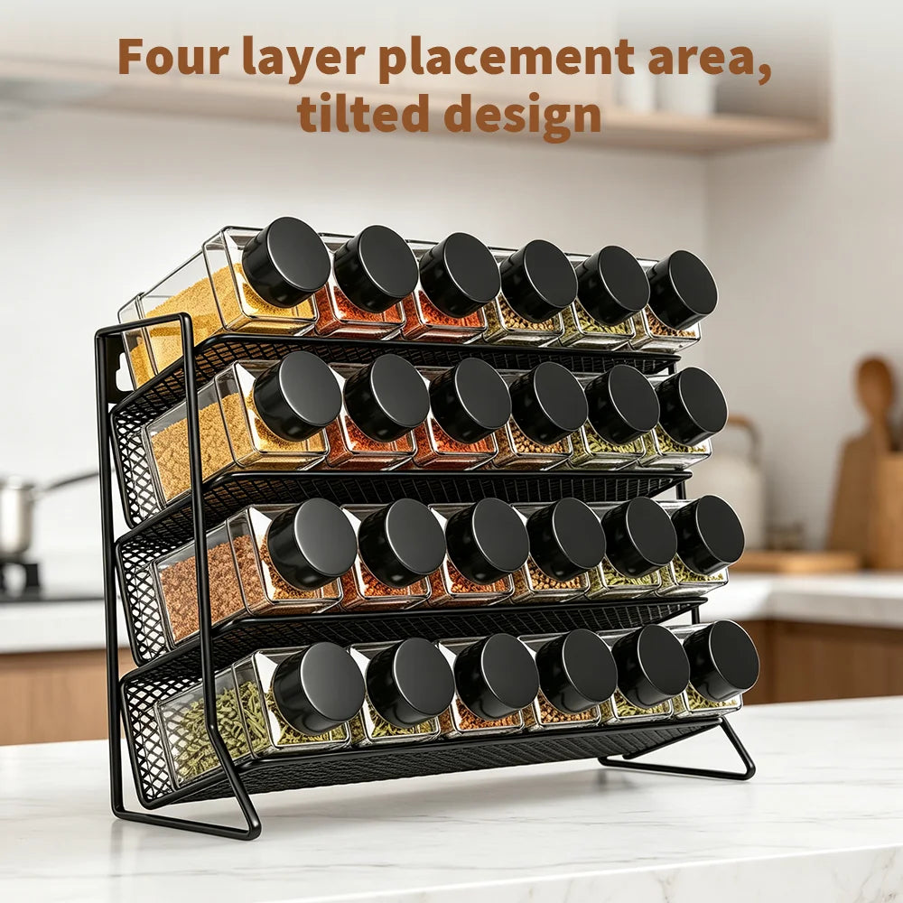 4 Tier Spice Storage Rack with 24pcs Seasoning Bottles, Countertop Stand Seasoning Organizer Spice Jars Storage Shelf for Kitchen