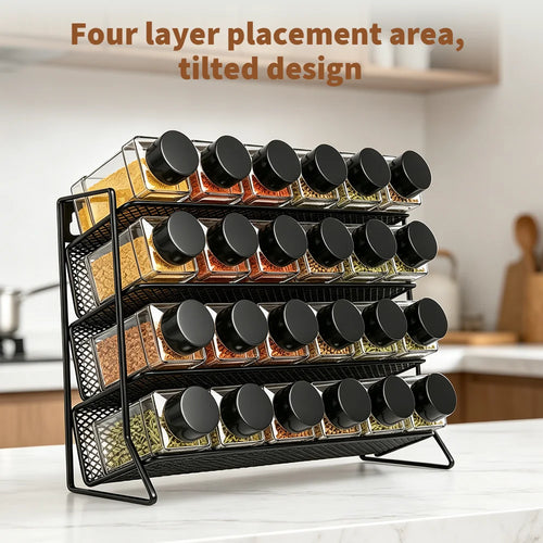 4 Tier Spice Storage Rack with 24pcs Seasoning Bottles, Countertop Stand Seasoning Organizer Spice Jars Storage Shelf for Kitchen
